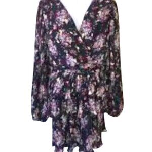 Dee Elly Floral Pleated Peplum Mini Long Sleeve Dress Size Medium NWOT